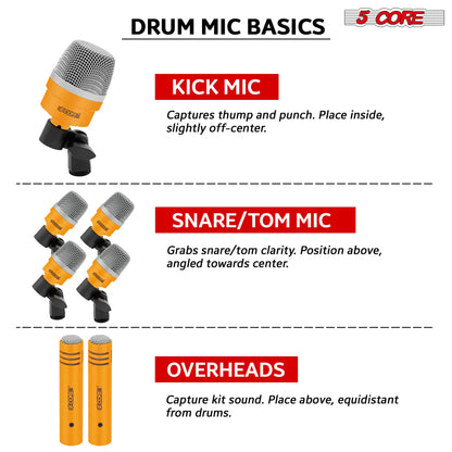 5Core Drum Mic Kit 7 Pcs Kick Basstom Snare Dynamic Microphone Instrument Mics Set Yellow